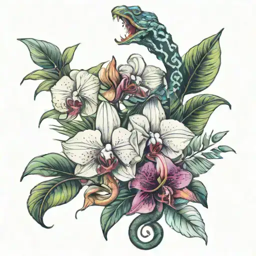 Snake Wrapping Around Orchids And Monsteras