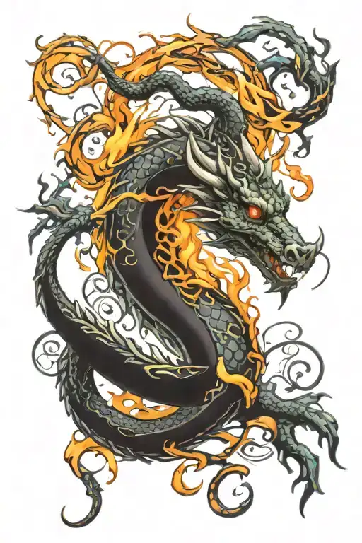 Dragon Curled Horns With Fire Intertwined Vines