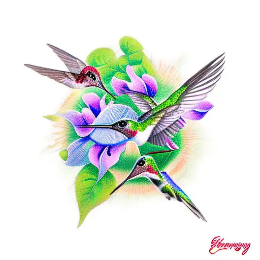 Morning Glories With Hummingbird