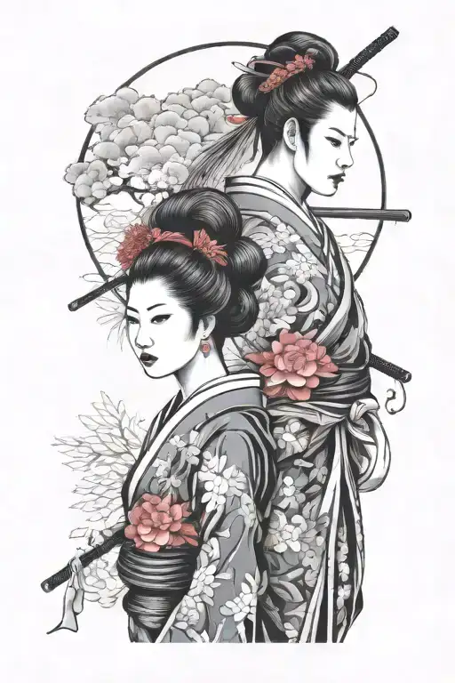 Geisha Girl And Samurai Warrior