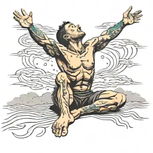Men In Pain On His Knees Looking Up At The Sky With His Arms Up