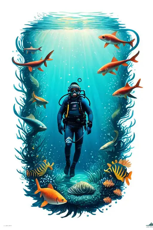 A Design Composition Surrounded By Sea Animals In The Form Of A Diver In The Center