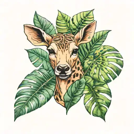A Half Doe Head Tattoo On A Monstera Leaf Background
