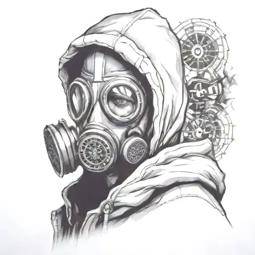 Man In A Gas Mask With Two Filters Stands In The Center Wearing A Hood And A Black