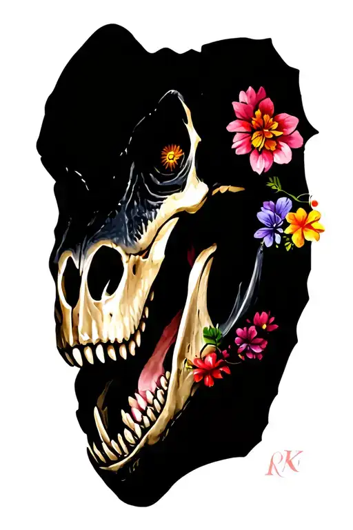 Tyrannosaurus Rex Skull Head Side Profile With Flowers