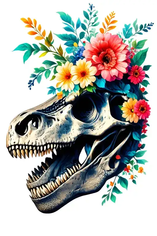 Tyrannosaurus Rex Skull Head Side Profile With Flowers