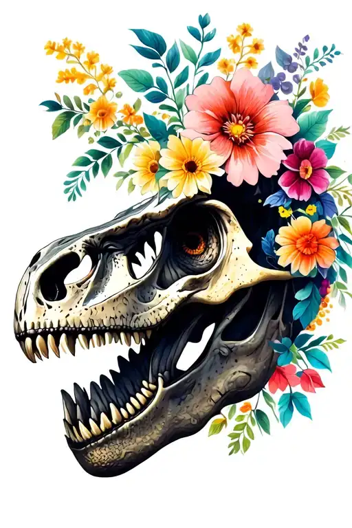 Tyrannosaurus Rex Skull Head Side Profile With Flowers