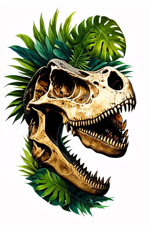 Tyrannosaurus Rex Skull Head Side Profile With Tropical Foliage