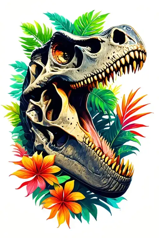 Tyrannosaurus Rex Skull Head Side Profile With Tropical Colourful Foliage