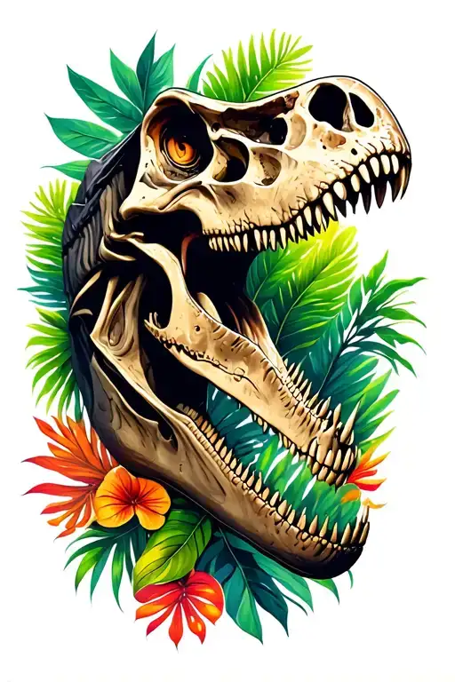 Tyrannosaurus Rex Skull Head Side Profile With Tropical Colourful Foliage