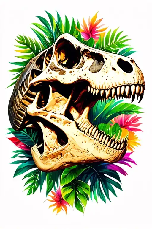 Tyrannosaurus Rex Skull Head Side Profile With Tropical Colourful Foliage