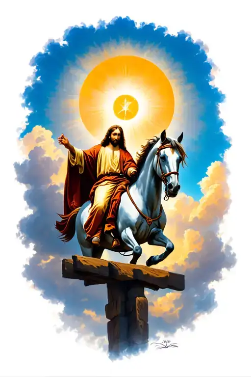 Jesus Riding Horse Through Sky Above Golgotha