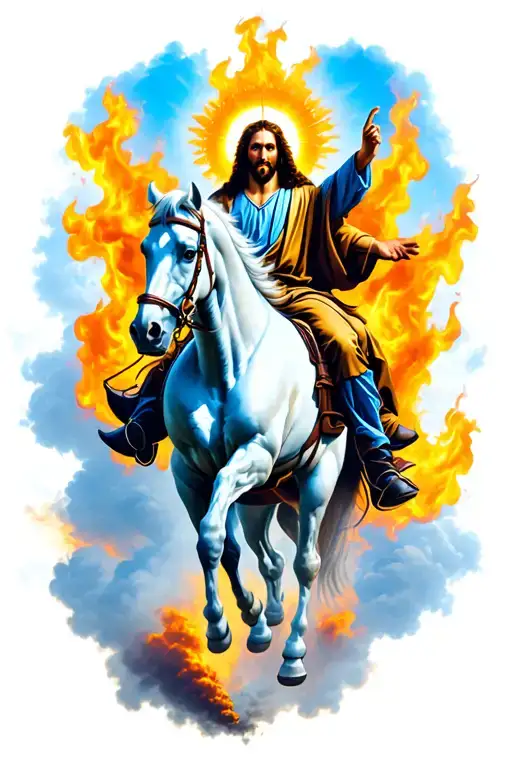 Jesus Riding Horse Through Sky Above Flames