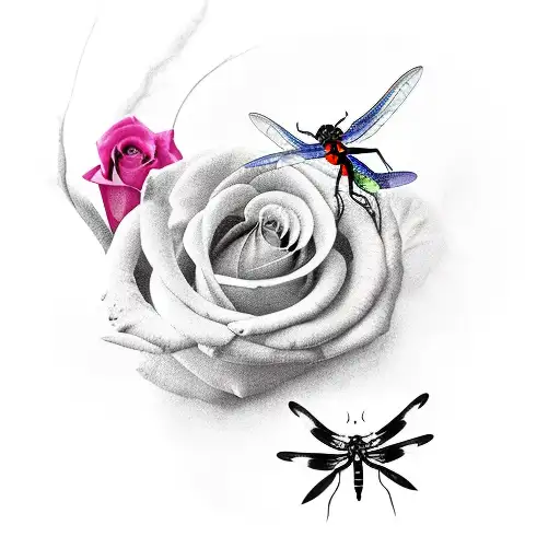 Two Roses And A Dragonfly In The Middle Of Them