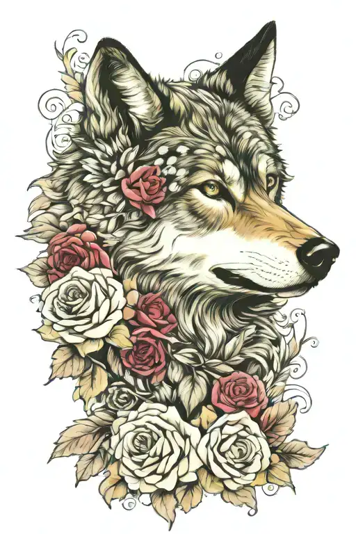 Wolf Blended By Roses Mayflowers