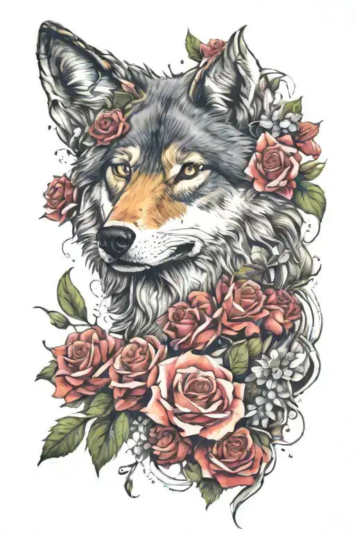 Wolf Blended By Roses And Mayflowers