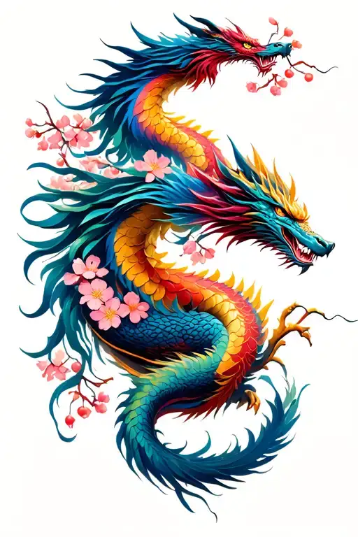 Entwined Phoenix And Dragon With Cherry Blossoms