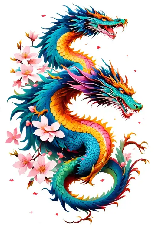 Entwined Phoenix And Dragon With Cherry Blossoms