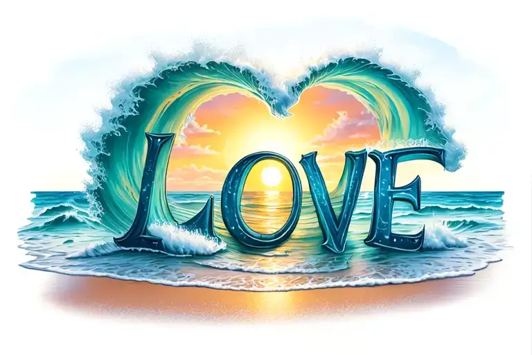 Beach Sunset W A Wave That Spells A Word 'Love'