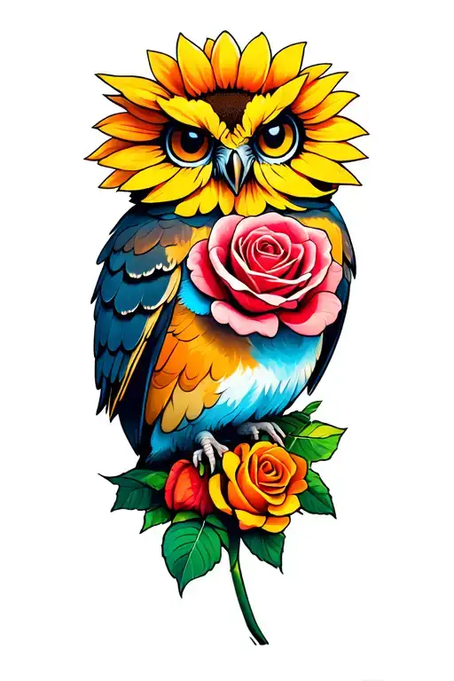 Owl Roses And Sunflowers Cartoon Character