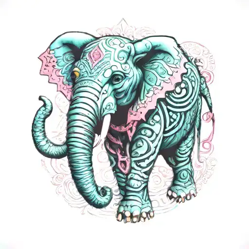 A Turquoise Elephant With Pink Accents And Native American Patterns