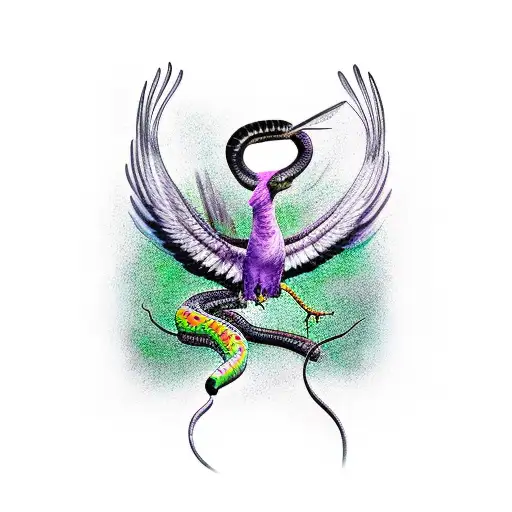 Budhist Raven With Spread Wings And A Snake In His Claws