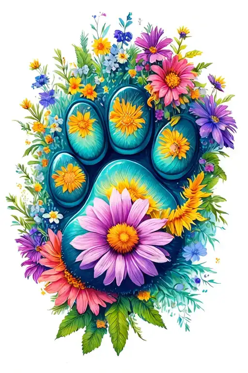 Dog Paw Print And Wild Flowers