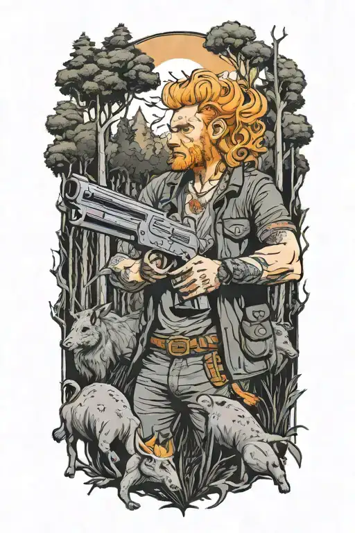 Man With Orange Hair On A Cross Surrounded By Peccary And The Forest Holding A Gun And
