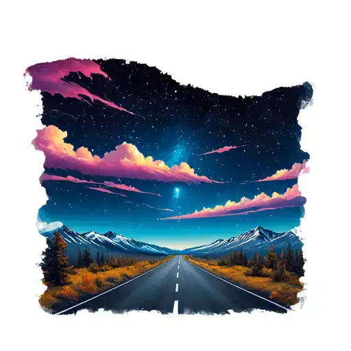 Open Road Mountain Landscape Night Sky Filled