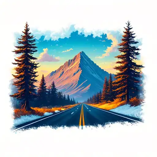 Open Road Mountain With Trees Landscape Night Sky Filled