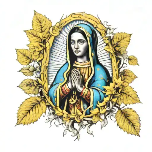 Virgin Mary De Guadalupe Surrounded By Yellow Aspen Trees