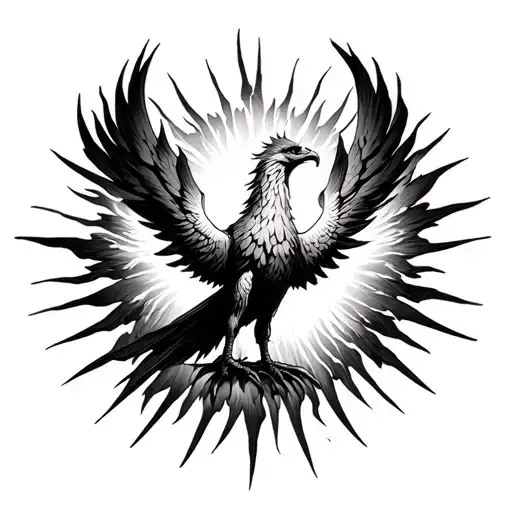 Phoenix Who Is Reborn From Ash And Faces His Channels To Go To The Minimalist Sun In Black And White