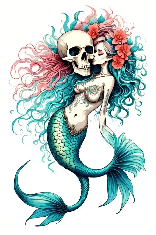 Beautiful Exotic Skelton Mermaid With Flowing Mermaid Tail And Hair Kissing A Skull