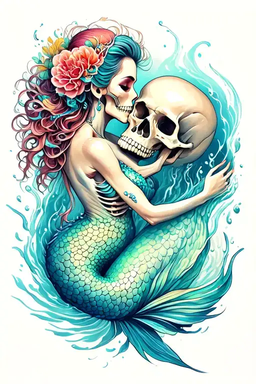 Exotic Skelton Body Mermaid Swimming In Ocean Kissing A Skull