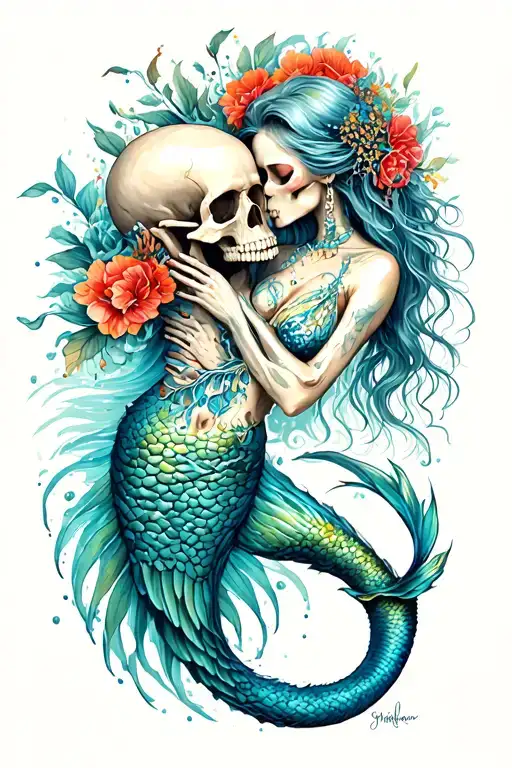 Exotic Skelton Body Mermaid Trapped In Ocean Kissing A Skull