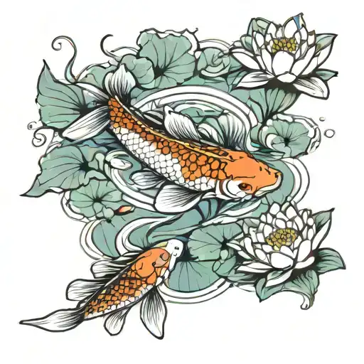 Koi Fish In Pond With Lily Pads And Lotus
