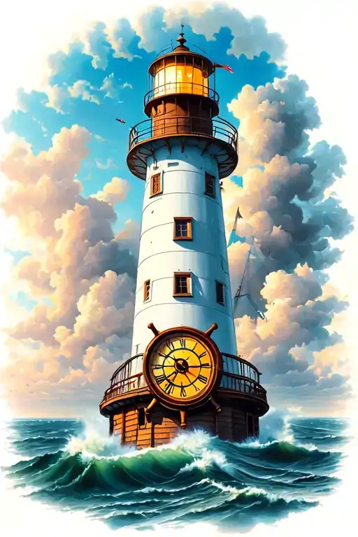 Lighthouse With Ships Wheel With Clock Inside