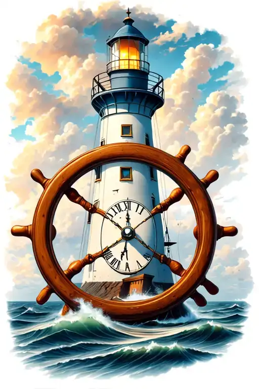 Ships Wheel With Clock Inside On A Lighthouse