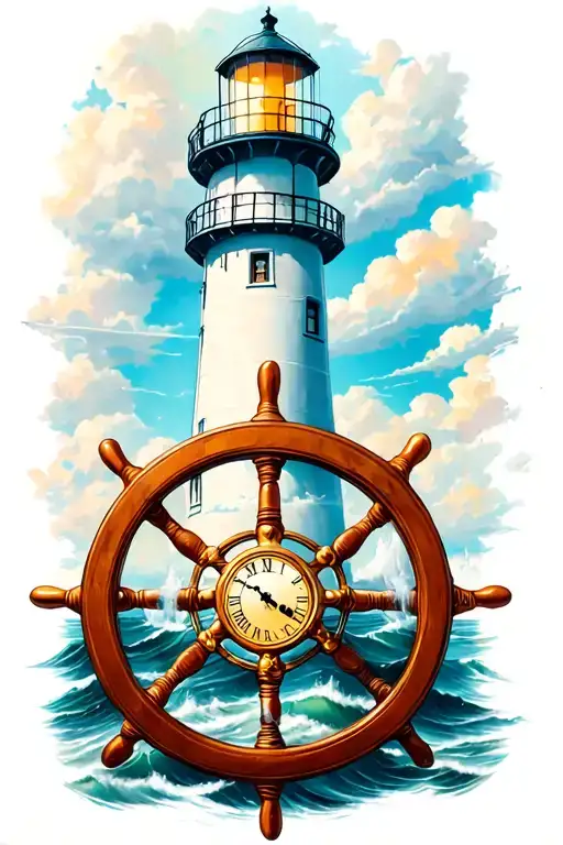 Ships Wheel With Clock Inside On A Lighthouse