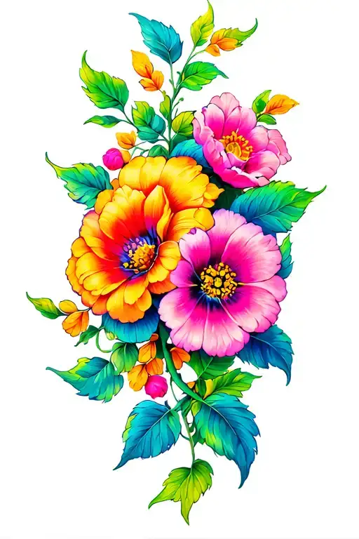 Very Colorful And Bright Flowers On A Vine Tattoo Design
