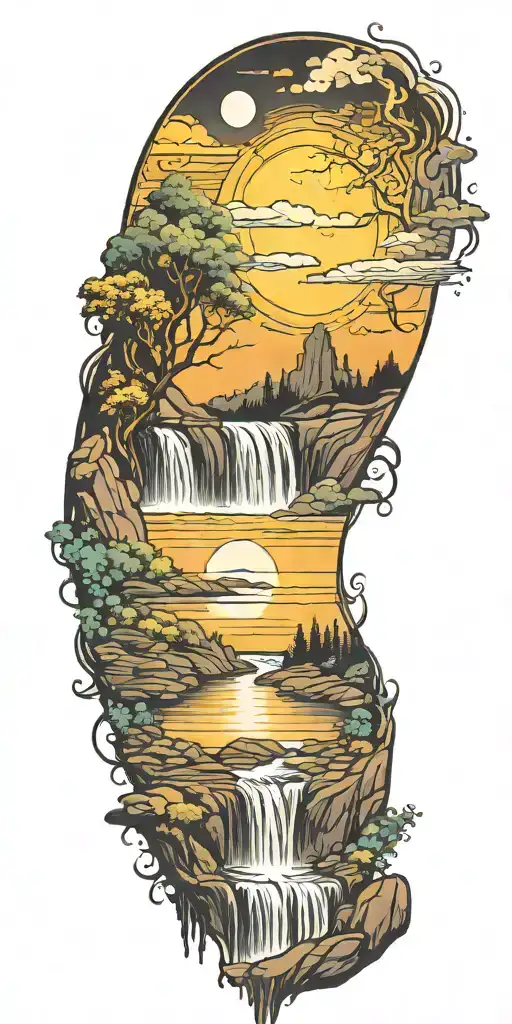 Sun At The Top Of A Waterfall Flowing Into A Reflection Of The Moon