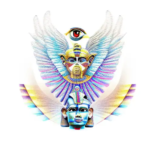 Half Egyptian Winged Sphinx And Half Aztec Winged Sphinx In Front Of Aztec And Egyptian Pyramids