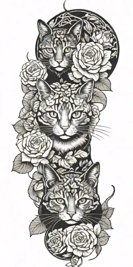 Cats Playing In A Patch Of Roses And Lotus Flowers