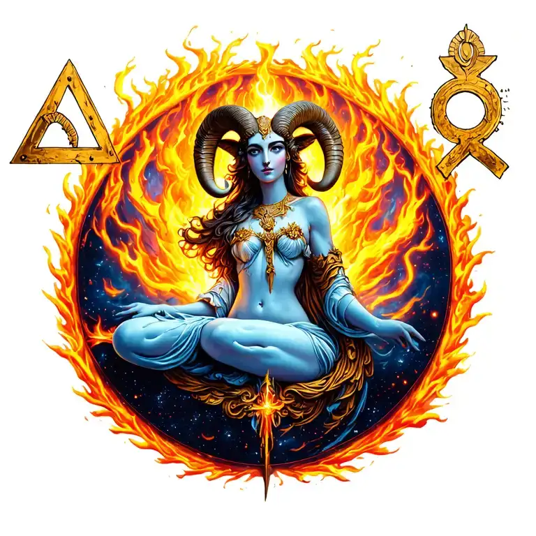 Sexy Aries Goddess Surrounded By Fire With Sign Incorporated With Mars Within Space