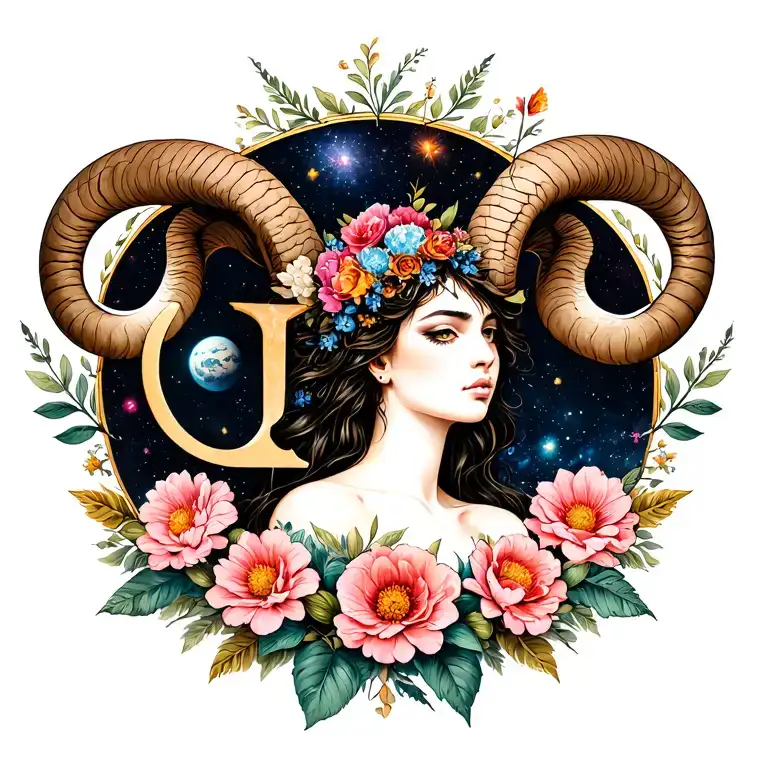 Sexy Aries Goddess Surrounded By Flowers With Sign Incorporated With Mars Within Space