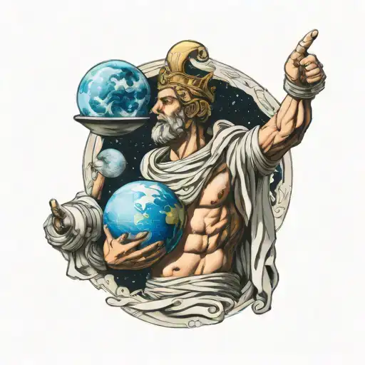 Greek God Apollo Holding Earth On His Shoulders With Astronaut Floating In A Galaxy Above