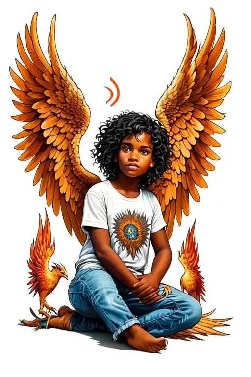 Brown Skinned Angel With Pheonix Wings Wearing Jeans And A Tshirt