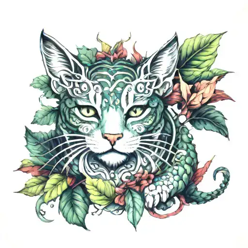 Cat And Dragon With Leafs And Birds