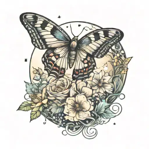 A Moth Sitting On A Cresent Moon Made Of Flowers Shining Over Water