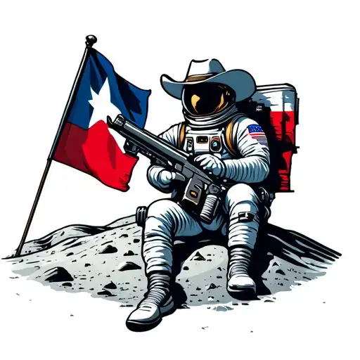 Astronaut Cowboy Sitting On The Moon Holding A Big Space Gun While Holding A Texas Flag